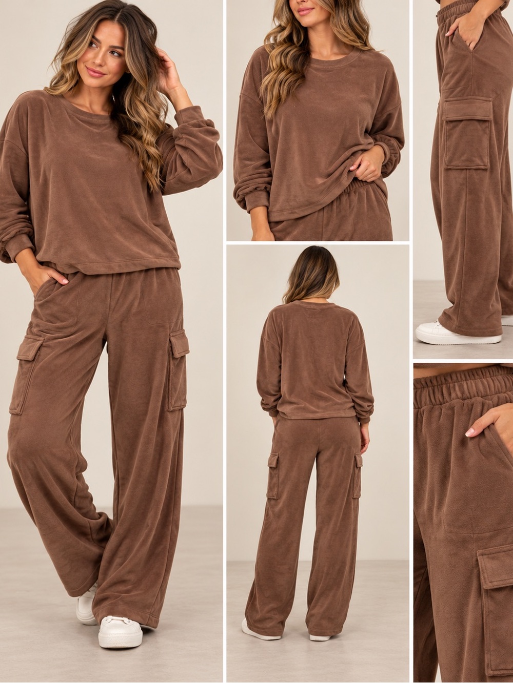 Barefoot Dreams LuxeChic 2-Piece Plush Lounge Set Brown Pullover & Cargo Pants